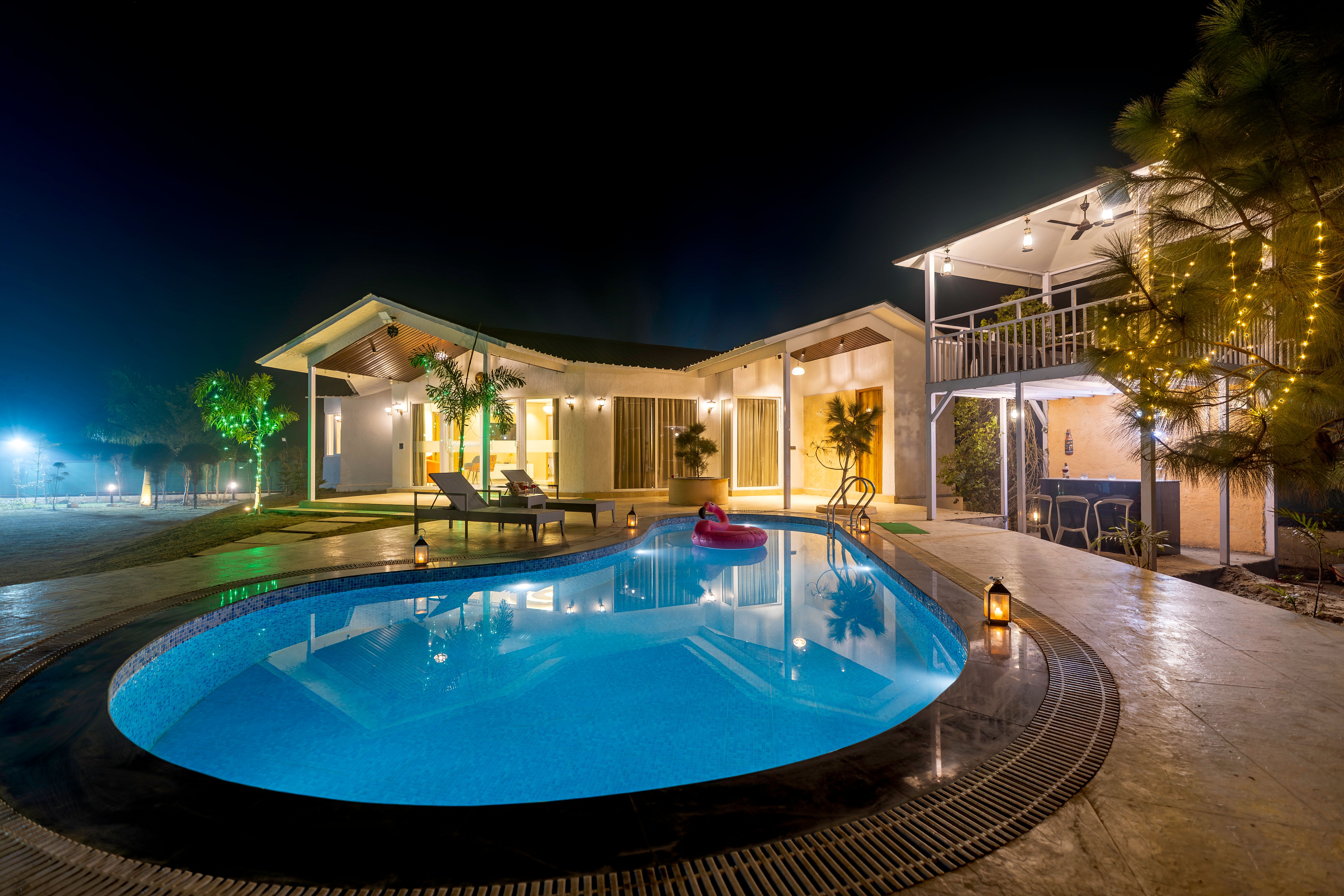 Vedaaz Farms | Pet-friendly 4-BHK Farmhouse With Private Outdoor Pool and Garden area