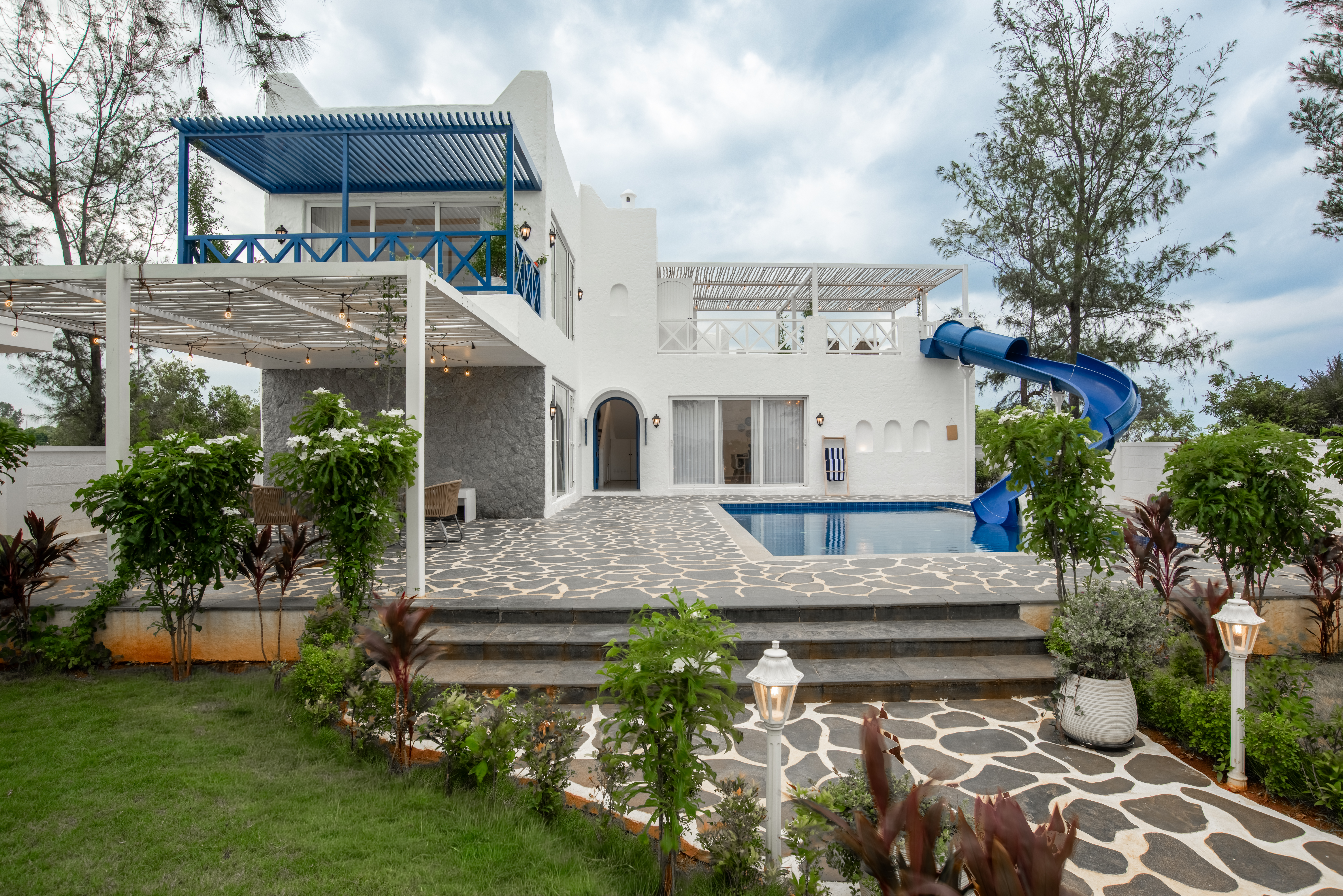 Casa Santorini | French-Style 2-BHK Villa with Private Swimming Pool, Water Slide, Garden, Open Shower, Jacuzzi, Bathtub & Beach Views
